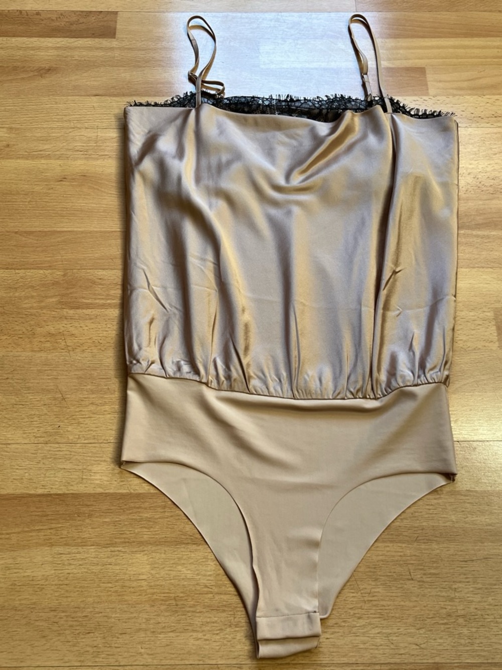 Cami NYC Tan Bodysuit with Black Lace Trim